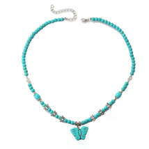 Turquoise &amp; Silver-Plated Butterfly Pendant Necklace - £10.52 GBP