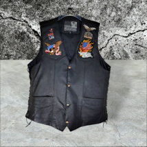 Leather Motorcycle Vest Sz 2XL Patches Pins Tie Up Side Eagles Flags Sturgis VTG - £36.76 GBP