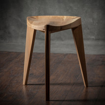 White Natural European walnut wood three-legged stool - Carved seat - Handmade - - £259.24 GBP