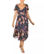 JULIA JORDAN Printed Puff-Sleeve Fit &amp; Flare Floral Dress Size 12 Tie waist wrap - £59.96 GBP