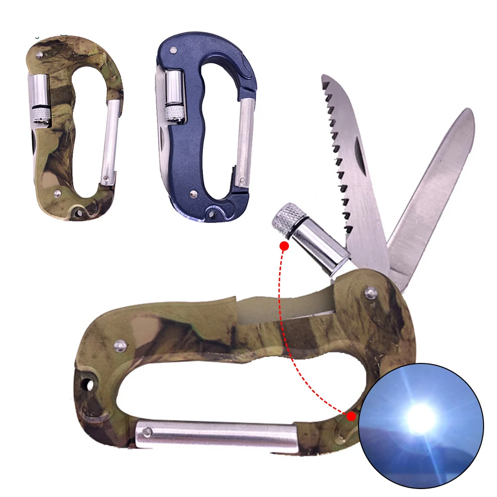 Outdoor EDC Multi Tool Tactical Camo Camping Climbing Carabiner Hook Knife LED - £8.54 GBP