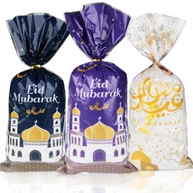 Eid Mubarak Goodie Bags 100 Pcs Eid Mubarak Gift Candy Bags Blue Gold Ei... - £19.02 GBP