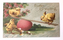 Antique Easter Greeting Card 297 Baby Yellow Chicks Pink Egg Seesaw Embossed - £15.98 GBP