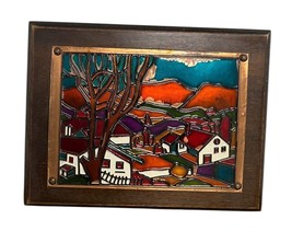 Vtg Enamel on Embossed Copper Village Mounted  Autumn Fall Picture Wall Art - €51,16 EUR