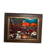 Vtg Enamel on Embossed Copper Village Mounted  Autumn Fall Picture Wall Art - €51,20 EUR