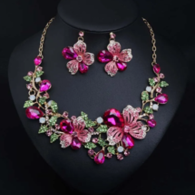Flower Choker Women Crystal Necklace Earrings Bridal Wedding Party Jewelry Set - £22.51 GBP