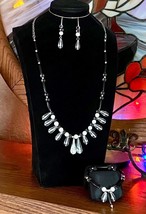 Black/White/Clear Beaded Bib Necklace and Earrings Set - £17.30 GBP