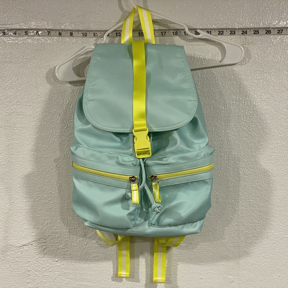 Cargo Backpack Mist Mint And Yellow Vinyl Bag Drawstring Inner Pockets - $6.38