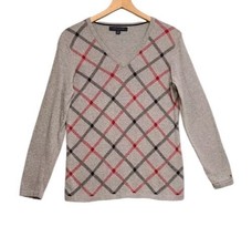 Tommy Hilfiger Sweater Womens Medium Grey Cotton Plaid  V Neck Pullover ... - $12.87