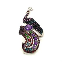 Vtg Sterling Signed DK Art Deco Peacock Multi Colored Rhinestone Cocktail Ring 9 - £51.71 GBP