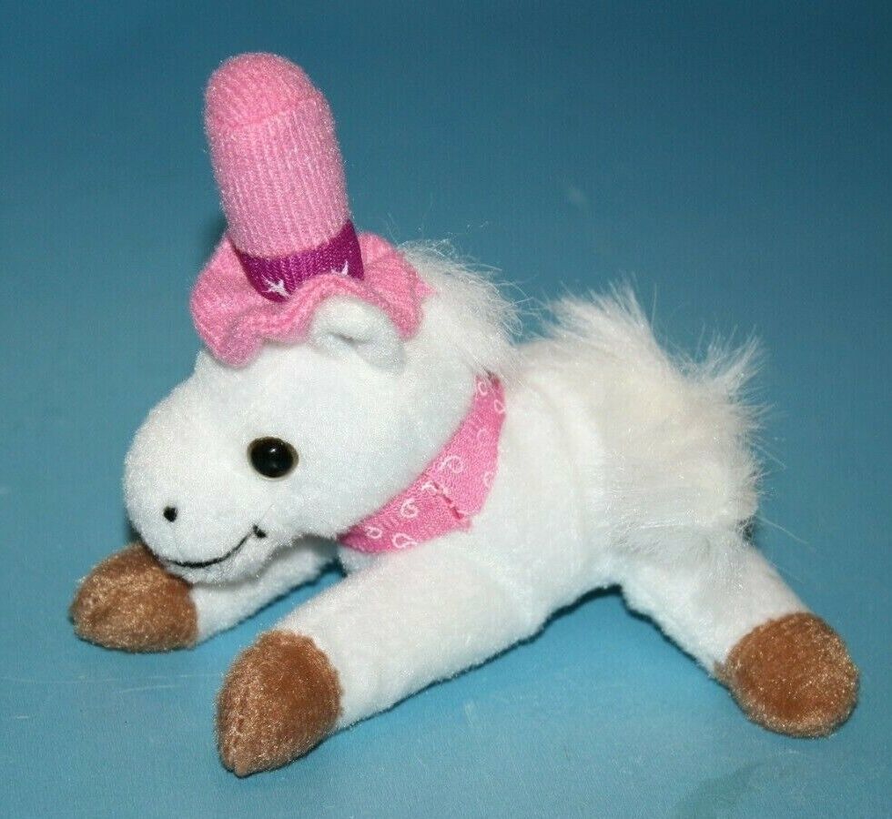 Oriental Trading Mini Horse 5" Pink Hat Scarf Soft Toy White Plush Stuffed Small - £8.41 GBP