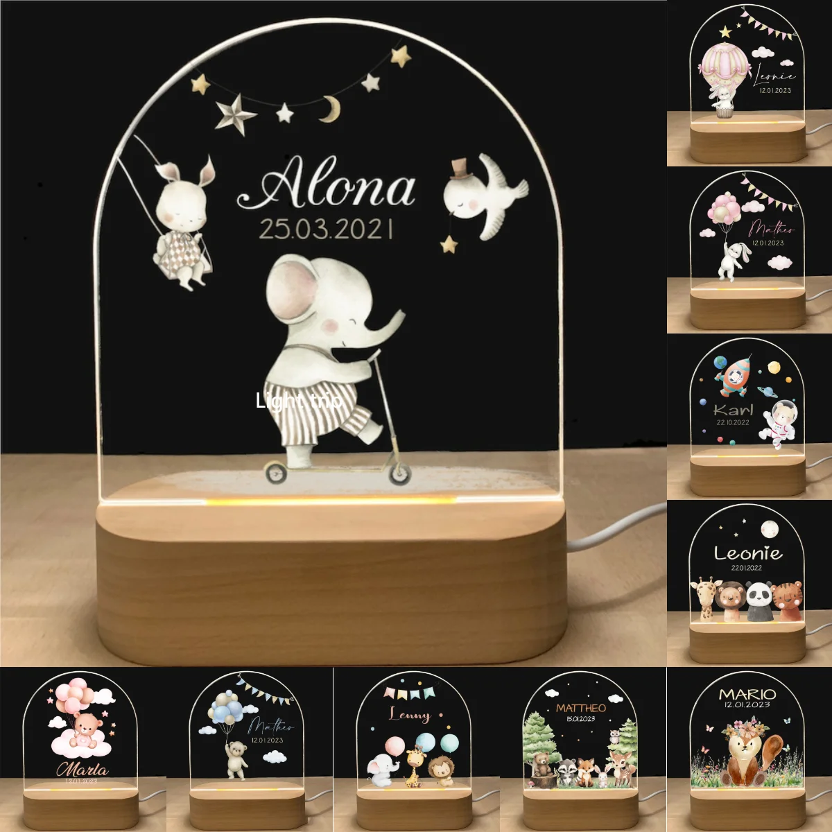 Ersonalized baby night light usb wood base lamp custom first name 3d lamp for baby kids thumb200