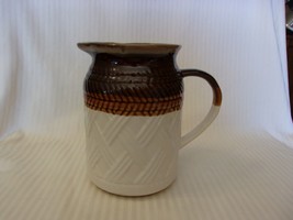 Vintage Brown &amp; White Ceramic Pitcher 6.75&quot; Tall Basketweave Pattern - $40.00