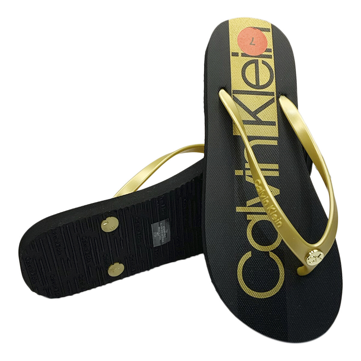 NWT CALVIN KLEIN MSRP $39.99 SARYIN WOMEN&#39;S BLACK GOLD FLIP FLOPS SANDAL... - $14.44