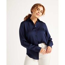 Quince Womens Washable Stretch Silk Blouse Button Front Long Sleeve Navy Blue S - £46.29 GBP