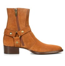 Handmade Men Tan Suede Leather Zip Boots With Cuban Heel - £141.21 GBP