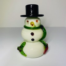 Art Glass Snowman Figure Black Top Hat Green And Red Scarf Blown Glass Vintage - £19.78 GBP