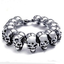 Gothic Double Skull Man Bracelet In Stainless Steel Link Chain Mens Charm Bracel - £37.84 GBP
