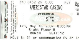 Styx Concert Ticket Stub May 18 2007 Ameristar Casino Chicago - $14.84