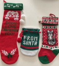 3 Vintage Knit Acrylic Christmas Stockings Dog Cat Pom Poms Gift Bag Red... - $21.55