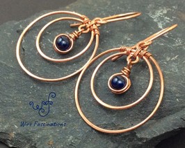 Handmade copper earrings: double hoops wire wrapped blue agate bead dangle - £23.56 GBP