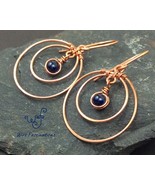 Handmade copper earrings: double hoops wire wrapped blue agate bead dangle - €25,67 EUR