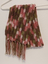 Handmade Crochet Ribbed Scarf Brown Green Pink Winter Warm With Fringe - £22.01 GBP