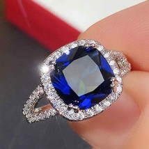 Cushion Blue Sapphire Engagement Ring, Blue Sapphire Square Halo Size 10 - £23.57 GBP