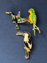 Lot of Green &amp; Yellow Enamel Parrot Black &amp; White Toucan &amp; Blue &amp; Green Goldtone - £12.48 GBP