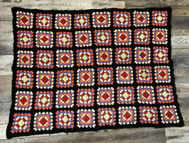 Granny Square Afghan Crochet Throw Blanket Roseanne 58&quot; x 42&quot; Vintage Black 48 - £31.14 GBP