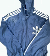 Adidas Full Zip Jacket Men&#39;s Size XL Navy Blue Hooded Long Sleeve Zipper-Pockets - £19.16 GBP