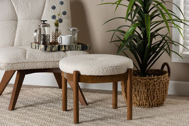 Geneva Japandi Cream Boucle Fabric and Walnut Brown Ottoman Footstool - $1,952.18 MXN