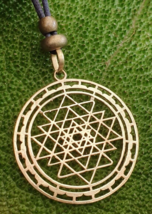 Sri Yantra Pendant Necklace Brass Geometric Amulet Hindu Beaded Tie Cord &amp; Box - £14.71 GBP
