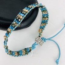 Blue Leather Wrap Bracelet Crystal Silver Tone Boho Adjustable Bling Handmade - £27.72 GBP