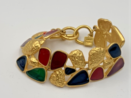 VTG Signed Anne Klein Toggle Bracelet Byzantine Style Red Green Gold Tone Enamel - £41.00 GBP