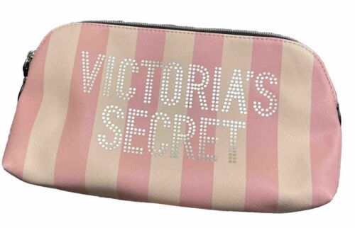 VICTORIA'S SECRET SIGNATURE Stripe LOGO BEAUTY COSMETIC CASE BAG Pouch Pink - £10.73 GBP