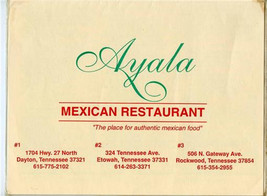 Ayala Mexican Restaurant Menu Dayton Etowah &amp; Rockwood Tennessee 1990&#39;s - $17.82