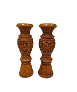 Vintage Hand-Carved 12&quot; Rustic Wooden Decorative Vase Urn Candle Holder Set - $48.28