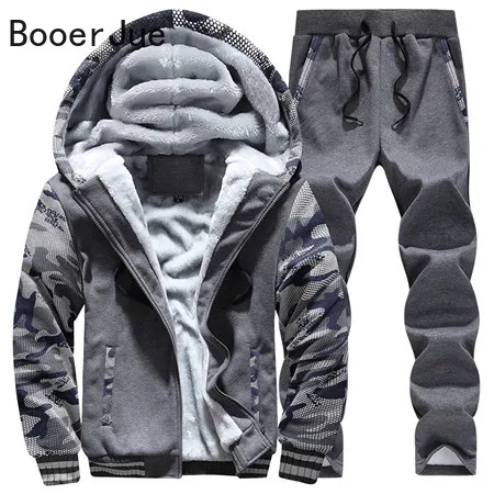 New Winter Trauits Men Set Thick Fleece Hoodies+Pants Suit Zipper Hooded Sweatsh - £86.38 GBP