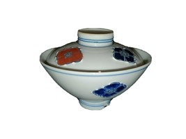 Flower Blue Covered Sugar Bowl w/Lid Noodle Bowl Floral Motif Footed Des... - $12.36