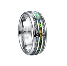 8mm Silver Color Stone Men&#39;s Ring Inlaid Black Meteorite Green Opal Wedding Band - £21.93 GBP