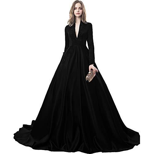 Plus Size Vintage Long Sleeves Beaded V Neck Evening Prom Dresses Black US 16W