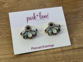 Park Lane Pierced Earrings Studs Jeweled Gold Tone Blue Clear Rhinestone Fanned - £19.46 GBP