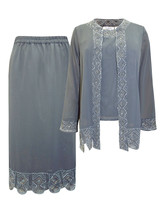 DARK GREY Bead &amp;Sequin Embellished Top,Duster,Jacket &amp;Skirt Suit Set Size 16- 42 - £65.79 GBP