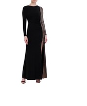 Bcbgmaxazria Women&#39;s Asymmetric Long Sleeve Jersey &amp; Mesh Inset Gown Black B4HP - £70.30 GBP+