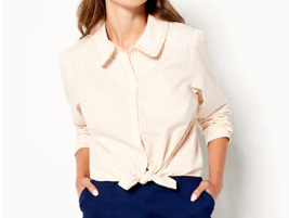 Candace Cameron Bure Ruffle Collar Long-Sleeve Shirt- Frappe, XS - £19.18 GBP