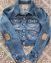 OLD NAVY ~ Cotton ~ Blue Jean Jacket w/Leather Patches ~ Distressed ~ Si... - £17.91 GBP