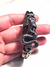 Hommes Argent Acier Inoxydable Gothique Cuir Noir Bracelet Serpent - $123.74