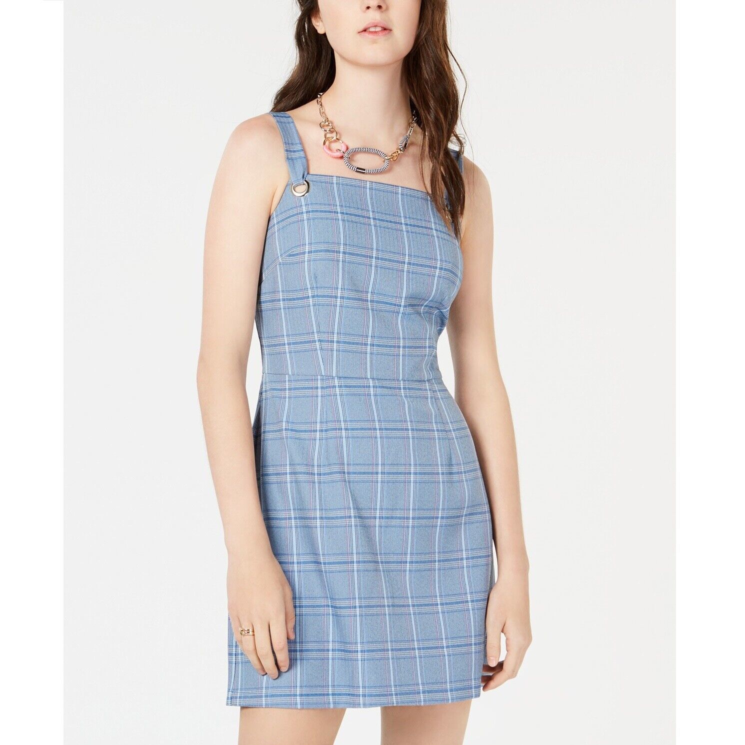 BeBop Junior Womens XL Denim Blue Plaid Grommet Straps Jumper Shift Dres... - $5.00