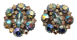 MCM Clip On Earrings Blue Rhinestones Aurora Borealis Cabochons  1 1/4&quot; ... - £23.73 GBP